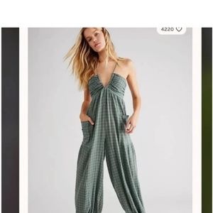Free People Sundaze For Surfin Jumpsuit, M Tie & Elastic Back  Green & Grey